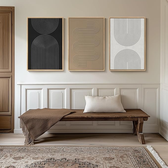 3D Textured Large Framed Boho Neutral Abstract Wall Art Set of 3, 20x30 In | Solid wood frames, raised sculptural lines, black white and beige palette, decorations for living room dining room bedroom