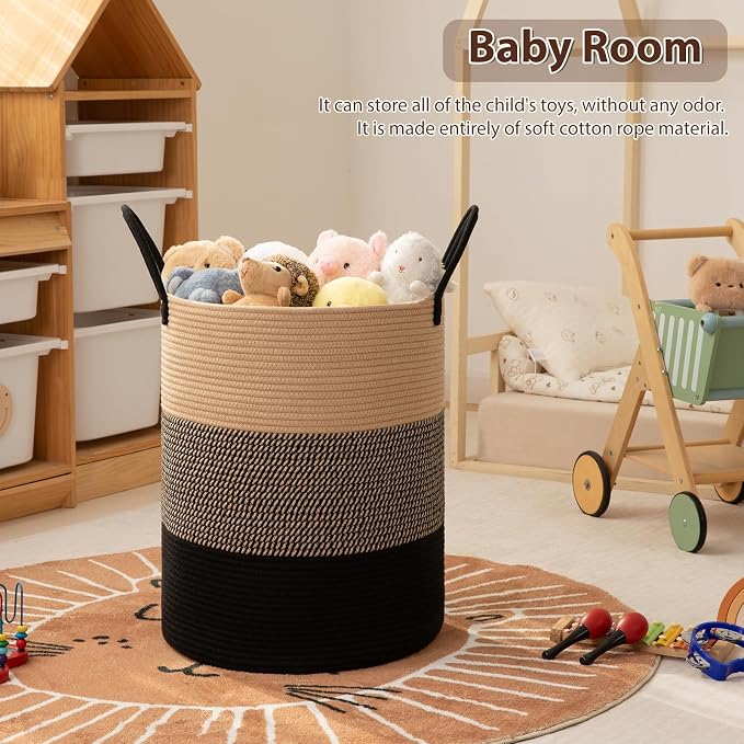 OIAHOMY 100L Nursery Hamper Laundry Basket Laundry Hamper Yellow/Black | collapsible Blanket Basket Cotton Rope Woven Basket Dirty Clothes Hamper Baby Hamper Tall Clothes Hamper with Handles