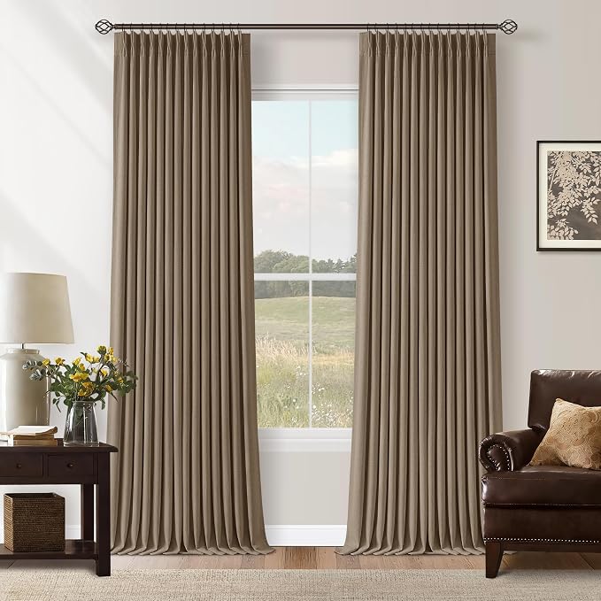 Latte Dual Layer Blackout 102 Inch Length Curtains 2 Panels Pinch Pleated | for Sliding Glass Door, Luxury Pinch Pleated, Flax Linen, Ceiling Track Curtains, Thermal Room Darkening, Light Brown Drapes