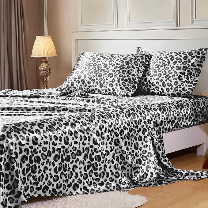 MR&HM Satin Sheets Full Size with Elastic Corner Straps, White Leopard | Similar to Silk, 4-Piece Silky Soft Bed Sheet Set, Gentle on Skin and Hair, 15" Deep Pocket, Cooling & Breathable