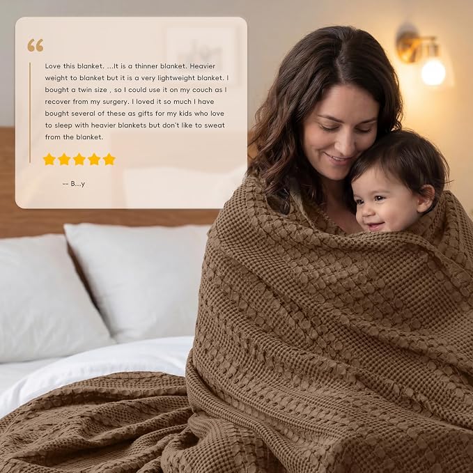 PHF Lightweight 100% Cotton Waffle Blanket for Bed, Twin XL, Chocolate | Pre-Washed Soft Cotton Comfort, Breathable Layering Warmth for Fall & Winter, Couch & Guest Room, Couch, Home Decor & Gifts