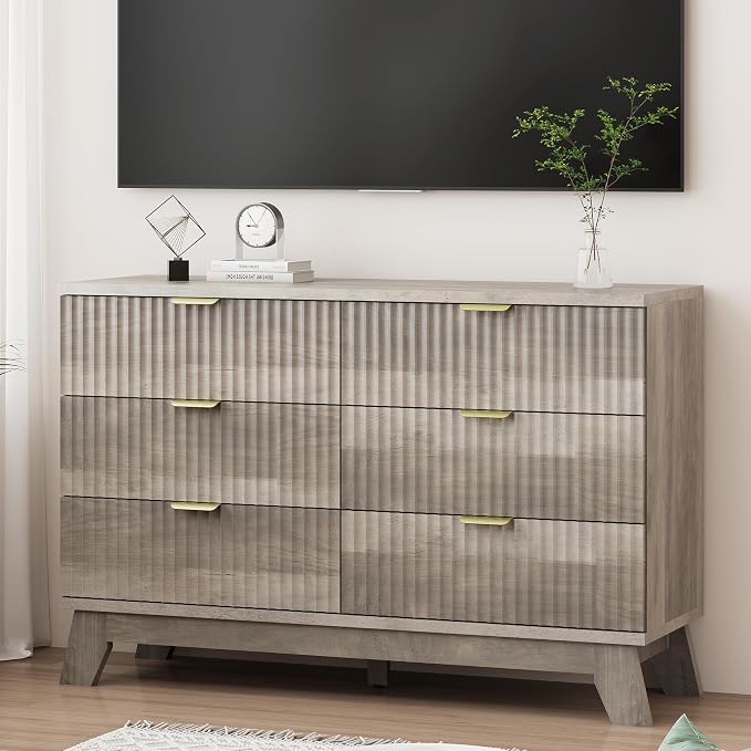 Xixini Fluted Dresser for Bedroom with 6 Drawers, 48" Wide Modern Chest of Drawers with Metal Handle, Wooden Dresser TV Stand, Wood Closet Clothes Storage Organizer for Living Room, Hallway, Grey