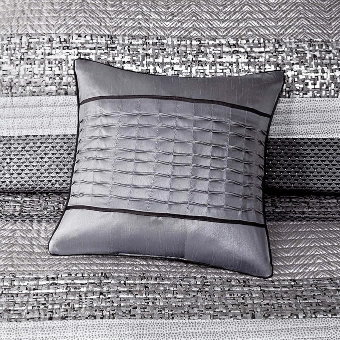 Madison Park Lustrous Jacquard Grey/Taupe Queen Quilt Set, 6pc | All Season Bedding Set, Glitter Accent Coverlet Set, Machine Washable, Cozy, Breathable, Soft, Modern, Casual