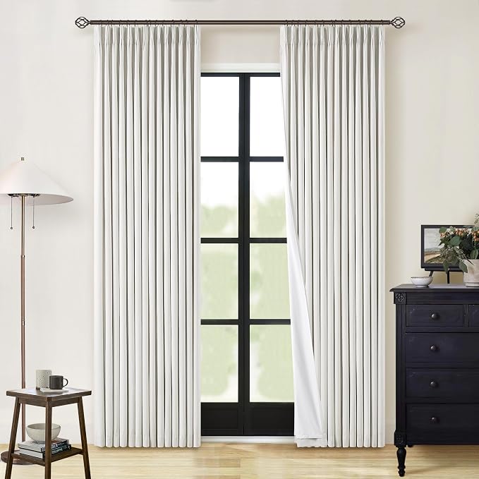 100% Blackout Pinch Pleated Linen 84 Inch Curtains 2 Panels Beige White | 2 Layer Design, Light Blocking Thermal Insulated, for Living Room Bedroom, Memory Shape, Off White Drapes with Pinch Pleat