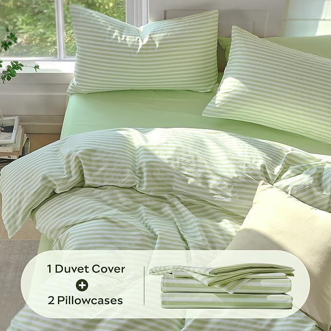 JELLYMONI 100% Cotton Printed Striped Queen Duvet Cover Set, Sage Green | Breathable and Soft, Classic Stripes, 8 Corner Ties & Double-Head Hidden Zipper, For Master or Guest Bedroom