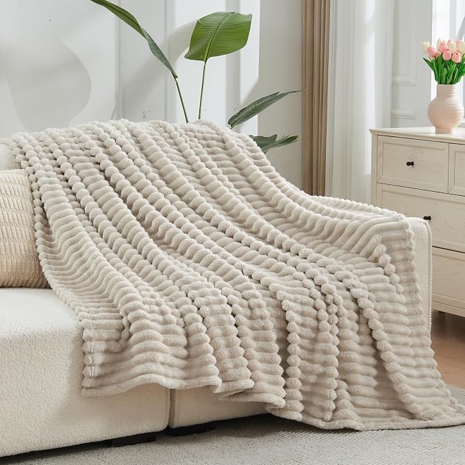 NEWCOSPLAY Fleece Ribbed Cozy Twin Blanket for Couch, Linen, 60"x80" | Premium Silky Flannel Blanket, Soft Lightweight Fluffy Throw Blanket for Bed Sofa Decor, Gift for All Season Use
