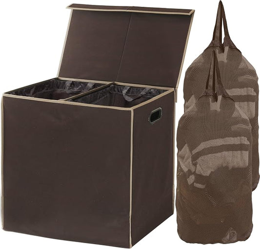 Simple Houseware Double Laundry Hamper with Lid & Removable Bags, Brown | with Handles for Bedroom, Laundry Room, Bathroom