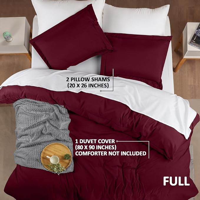 Duvet Cover Full, 3 PC Cotton Like Polyester With Zipper Closure, Burgundy | Extra Soft and Breathable, Wrinkle & Fade Resistant, Includes Duvet Cover and 2 Pillow Shams, Comforter Not Included, OekoTex