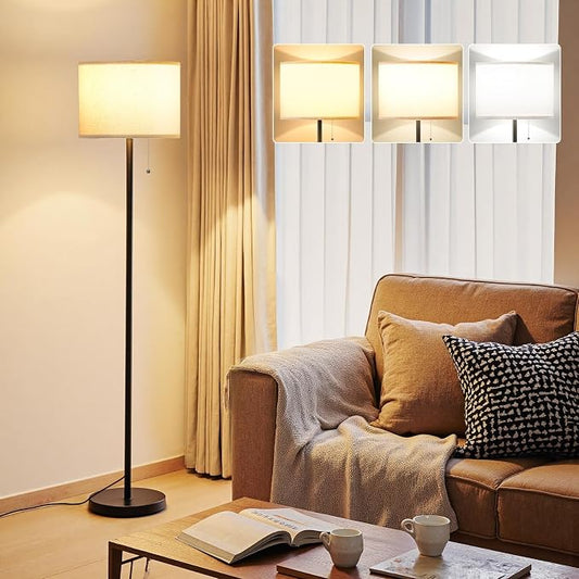 Modern Standing Floor Lamp for Living Room & Bedroom with 3 Color Temperatures Bulb & Pull Chain Switch, 60" Tall with Beige Shade & Black Pole