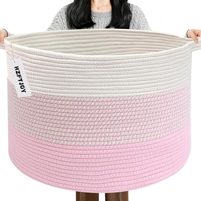 90L Extra Large Blanket Basket,Woven Rope Laundry Basket-Mixed Pink | Collapsible, reinforced handles, nursery storage bin organizes clothes, toys and pillows for living room, bedroom bathroom