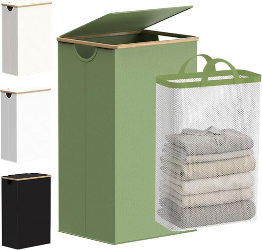 efluky 26 Gal Laundry Basket with Lid and Net Bag, Tall Laundry Hamper with Bamboo Handles, Aesthetic Dirty Clothes Bin for Laundry Room, Bathroom, Bedroom and Dorm, Green