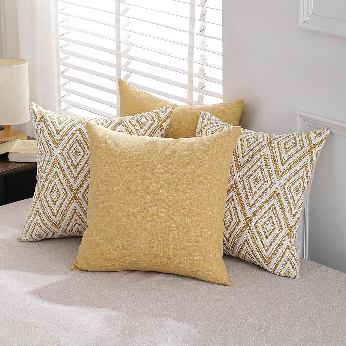 HPUK Throw Pillow Covers 20x20, 4 Pack, Ochre Textured Couch Pillow Covers | Polyester fabric, patterned and solid designs, hidden zippers, machine washable, for sofas and beds, inserts not included