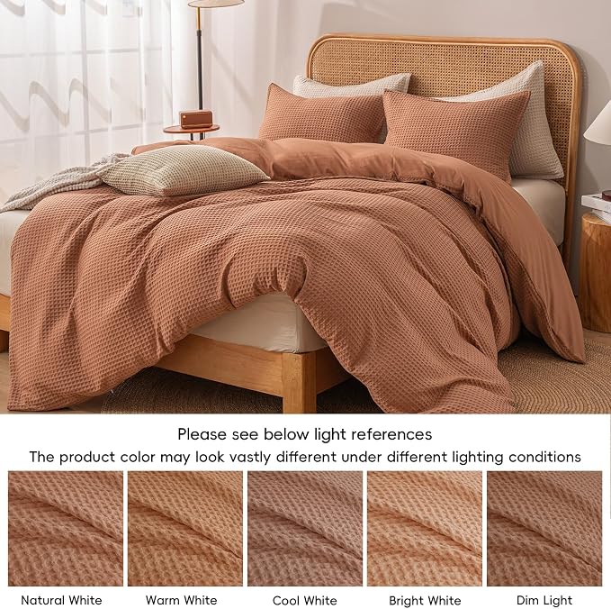 PHF Waffle Duvet Cover California King,Soft Breathable,104"x98",Terra Cotta | 300GSM Fabrie，No Snagging Textured Honeycomb Comforter Cover for All Season 3pcs, Durable Bedding Duvet Set, Home Decor Gift