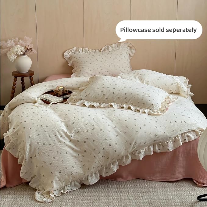 Chic Shabby Vintage Floral Duvet Cover Twin for Kids Girls Boys 100% Cotton Muslin Ruffled Quilt Cover Twin, 68"x86", Primrose Print, Soft Breathable, Zipper Closure, No Pillowcase