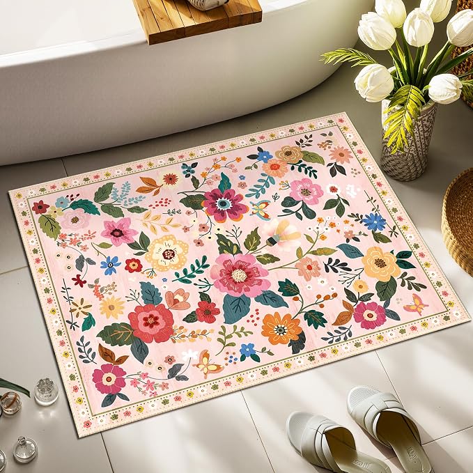 RELEANY Floral Washable 2x3 Area Rugs Doormat Pink | Flower Carpet, Print, Boho, Non-Slip, Easy to Clean, Soft, Low Pile for Living Room Bedroom Kitchen Office Entryway Hallway