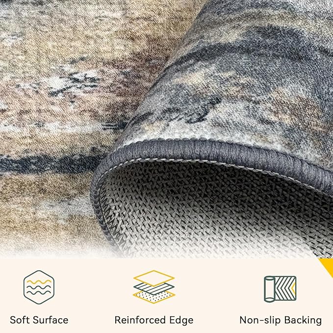 RELEANY Washable 9'x12' Abstract Area Rug for Living Room Ash Brown | Carpet for Bedroom, Kitchen, Office, Hallway and Entryway, Printed Pattern, Non‑Slip, Soft, Stain‑Resistant, Easy to Clean