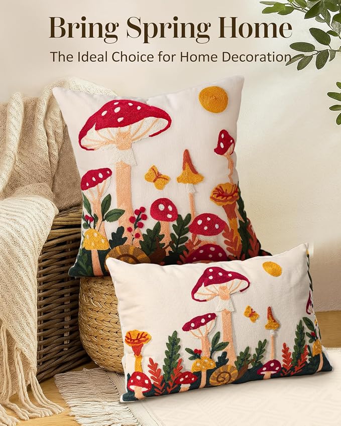 Embroidered Lumbar Pillow Cover 20x12 Inch, Mushroom Moon | Decorative Throw Pillow Cover, Boho Cottagecore Cushion Case with Hidden Zipper, Home Decor for Couch, Sofa, Living Room