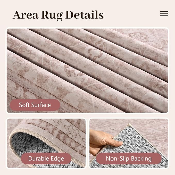 5x7 Ft Area Rugs for Living Room, Soft Non-Slip Machine Washable Rug, Vintage Stain Resistant Carpets for Bedroom Nursery Dining Room Home Decor (Grey Pink)