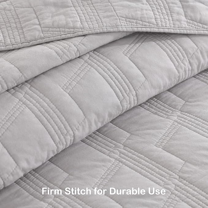 HORIMOTE HOME 100% Cotton Quilt Set King Size, Light Grey Pre-Washed Bedspread Coverlet Set, Cozy Lightweight Stitching Decorative Bedding Cover with 2 Shams in Geometric Pattern for All Season