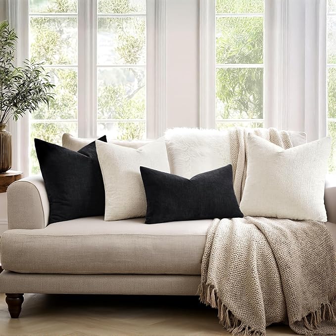 MIULEE Black Chenille Couch Lumbar Throw Pillow Covers, 12x20 | Set of 2, Soft Halloween Home Decor, Modern Farmhouse Decorative Pillowcases for Sofa Living Room Bed