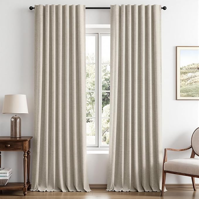 MIULEE 100% Blackout Linen Curtains for Bedroom 42 x 96 Inch Stone 2 Panels | Thermal Insulated, Room Darkening Drapes for Living Room, Back Tab Rod Pocket Pinch Pleated, Solid Luxury Decor