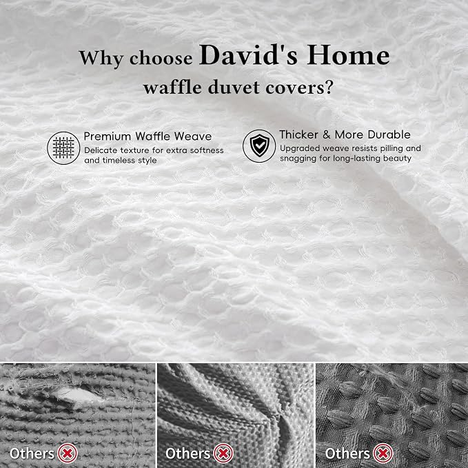 David's Home Soft Textured Waffle Weave Duvet Cover Set, King Size, White | Breathable Cozy for All Season, 300GSM, 3PCS Home Bedding Decor, OEKO-TEX Certified, Hidden Zipper, 8 Corner Ties, 104" X 90"