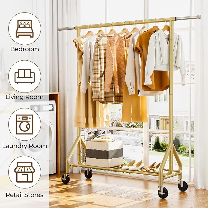 HYSEYY Heavy Duty Clothes Rack Load 450 LBS, Metal Garment Rack, Standing Rolling Clothing Rack for Hanging Clothes with Sturdy Wheels & Shelves, Portable Closet Wardrobe Rack,Gold