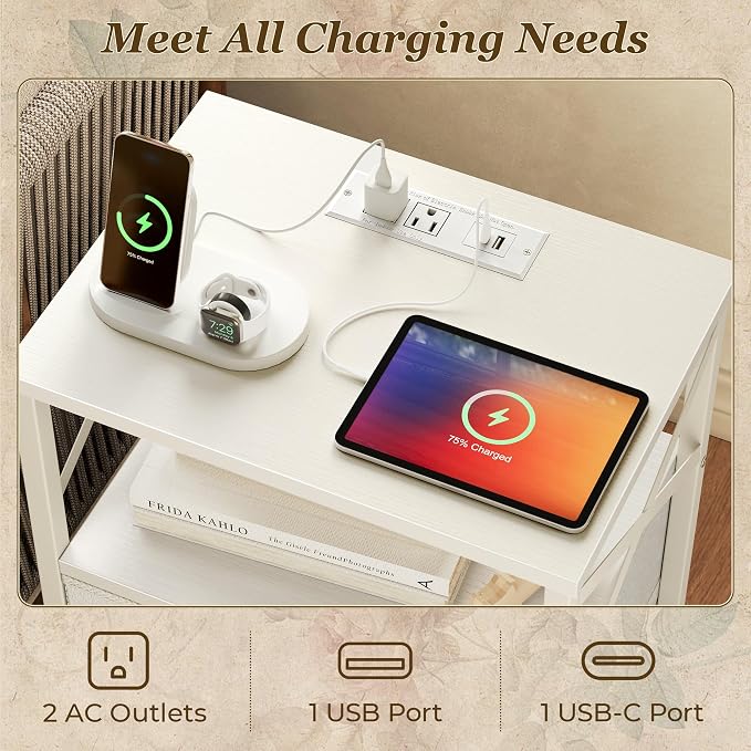 Huuger Nightstand Set of 2 with Charging Station, USB-C Port, End Tables | Night Stand with 2 Drawer Side Table with Open Shelf, Bedside Table for Small Spaces, X Shaped Side Rail, White