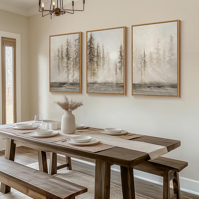 Large Framed Abstract Forest Landscape Wall Art for Living Room, 24x36 Inch | 3 piece, Modern, Canvas artwork, Pine tree forest picture, Farmhouse wall decor, Home office art, Ready to hang, Wood frame