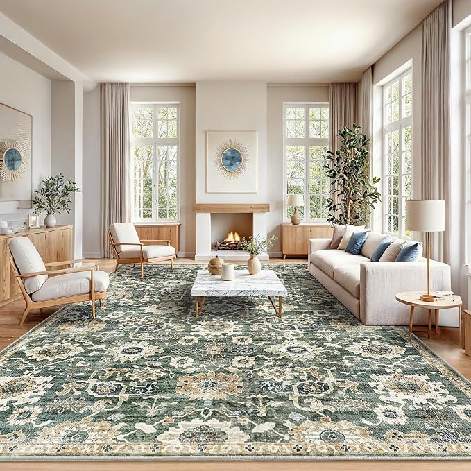AMADA HOMEFURNISHING 10x14 Washable Area Rug, Low-Profile Large Area Rug with Non-Slip Backing & Durable Edge Binding, Vintage Large Rugs for Living Room, Bedroom & Dining Room