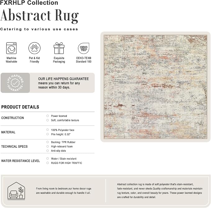Area Rug Living Room: 4x4 Modern Washable Indoor Soft Carpet Taupe | For Bedroom Dining Room Farmhouse Nursery Hallway Office,Modern Abstract,Machine washable,Non-Slip,Stain Resistant,Indoor