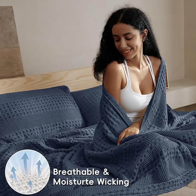PHF Lightweight 100% Cotton Waffle Blanket, Oversized King, Indigo | Pre-Washed Soft Cotton Comfor, Extra Large 10'x10' Blanket, Giant Big Luxury Aesthetic Woven Bedding for Home Decor