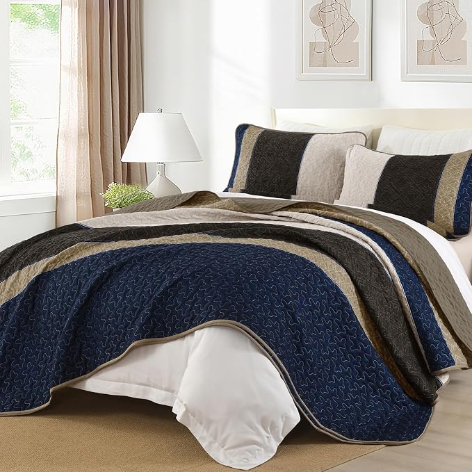 Cottolester Quilt Set Full,Brown Blue Striped Plaid Bedspread Coverlet Set | Lightweight Coverlets Set with 2 PillowShams,All Seasons Microfiber Boho Quilt Bedding Sets for Bedroom Guest Room 78"x90"