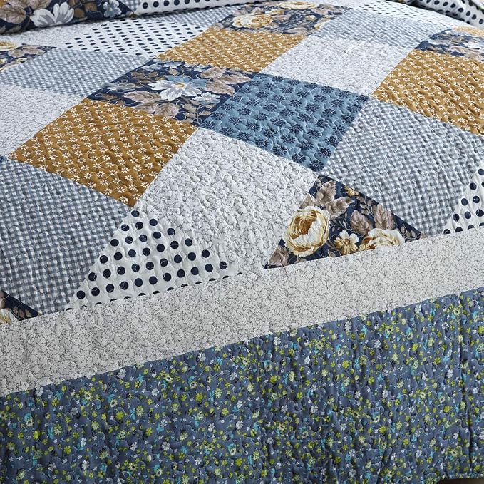 Quilt Bedspread Sets-Checkered Floral Reversible Coverlet Set,Queen Size