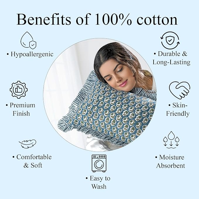 Ridhi Block Print Peacock Blue Ruffle Lumbar Pillow Shams, 20" x 12" Set-1 | 100% cotton, Floral Pillowcase, Cushion Cover, Hidden Zipper, Cottagecore Bedding, farmhouse boho style, fits couch, sofa,Bed