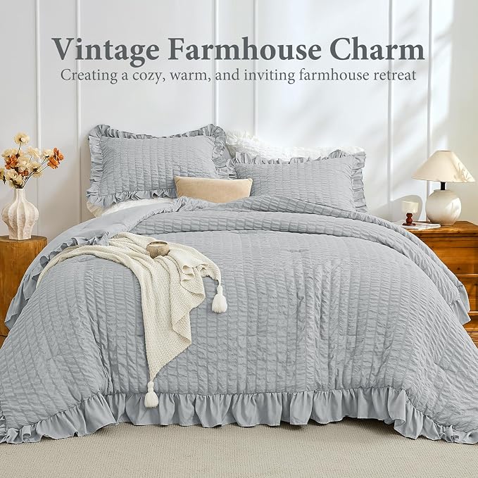 JOLLYVOGUE Light Grey Queen Comforter Set, 3 Pieces Seersucker Comforters Queen Size, Lightweight & Fluffy Bedding Sets Queen for All Season with 1 Ruffle Comforter and 2 Ruffle Pillowshams