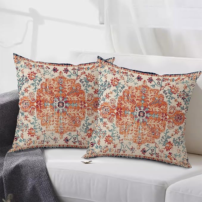 Outdoor Waterproof Pillow Covers - 20x20 Inch Set of 2 Bohemian Vintage Carpet Pattern Pillow Covers in Orange and Blue Ethnic Design for Decorative Farmhouse, Couch, Garden, Balcony