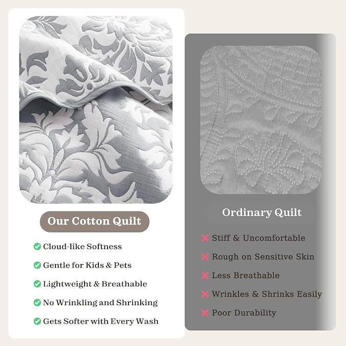 Exclusivo Mezcla Cotton Quilts King Size Grey | Soft Lightweight Bedspread, Breathable Prewashed Yarn Dyed Muslin, All Season Bedding Set, Boho Coverlet With 2 Pillow Shams