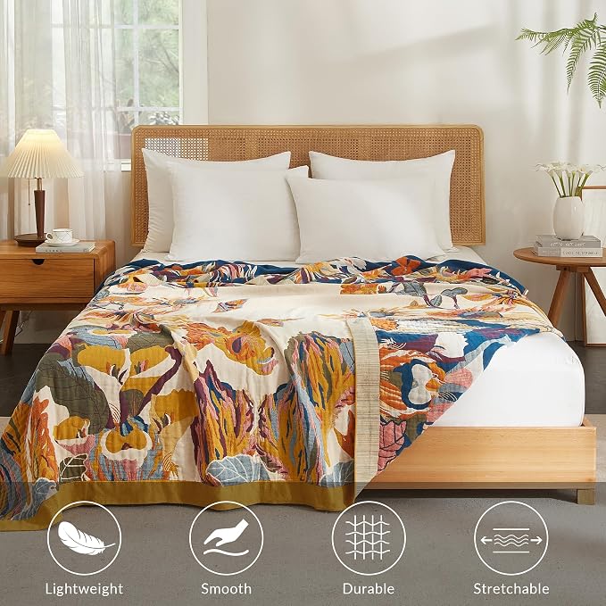Boho Throw Blanket for Couch Sofa Bed, 100% Cotton Woven Quilt with Tassel 50”x60”, Super Soft Muslin Blanket with Floral Printed, Decorative Reversible Bed Blanket/Cover for All Seasons