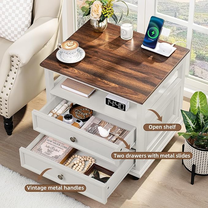 Joaxswe Farmhouse Nightstand Set of 2 with Charging Station, 24" Wide End Table with 2 Drawers,Dresser for Bedroom,Bed Side Table Chest of Drawers Cabinet,Wood White Night Stand for Living Room