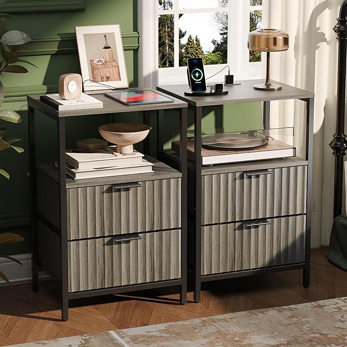 VINGLI Night Stand Set 2 with Charging Station and Fabric Drawers, Fluted Grey Night Stand Set of 2, Gray Nightstand with Drawers, Grey Bedside Tables/End Tables for Bedroom, 14.96"W*11.81"D*23.78"H