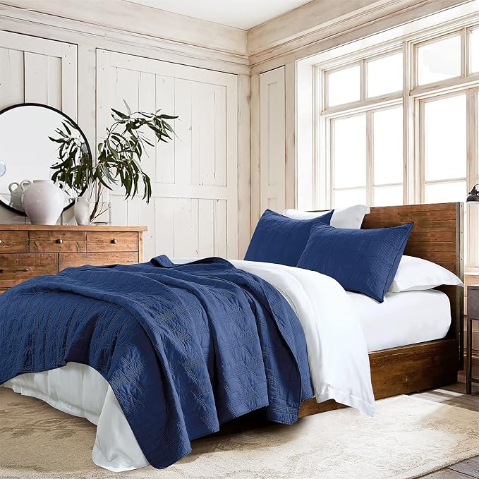 HORIMOTE HOME 100% Cotton Quilt Set Twin Size, Navy Blue Pre-Washed 2-Piece Bedspread Coverlet Set, Cozy Lightweight Stitching Bedding Cover with 1 Sham in Geometric Pattern for All Season