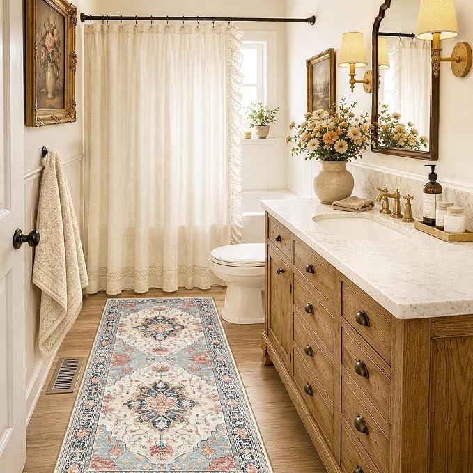 RELEANY Washable Area Rug, Runner 2'x6', Beige/Blue/Orange | Non-Slip, Water Repellent, Pet Friendly, Easy to Clean, Vintage Floral Boho Decor for Kitchen Entry Bedroom Bedside Laundry