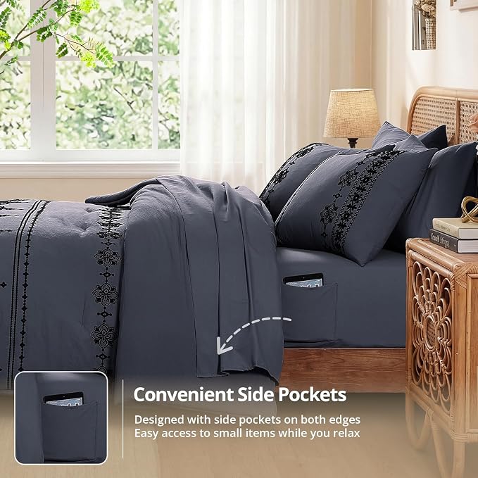 MaiRêve Full Size Comforter Set Embroidery Floral 7 Pieces Bed in a Bag | Crown Blue Boho Farmhouse Bedding Sets with Comforter, Sheets, Pillowcases & Shams