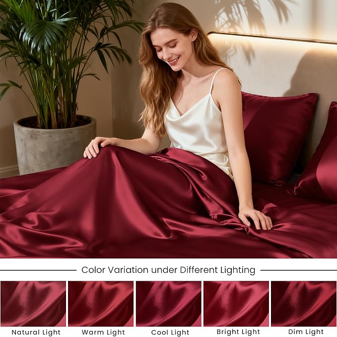 Love's cabin Full Size Satin Sheet Sets - 4 Piece Burgundy Silky Satin Sheet Set Full with Deep Pocket, Luxury Silk Feel Satin Bed Sheets Full Bedding Set (1 Flat Sheet,1 Fitted Sheet,2 Pillow Cases)