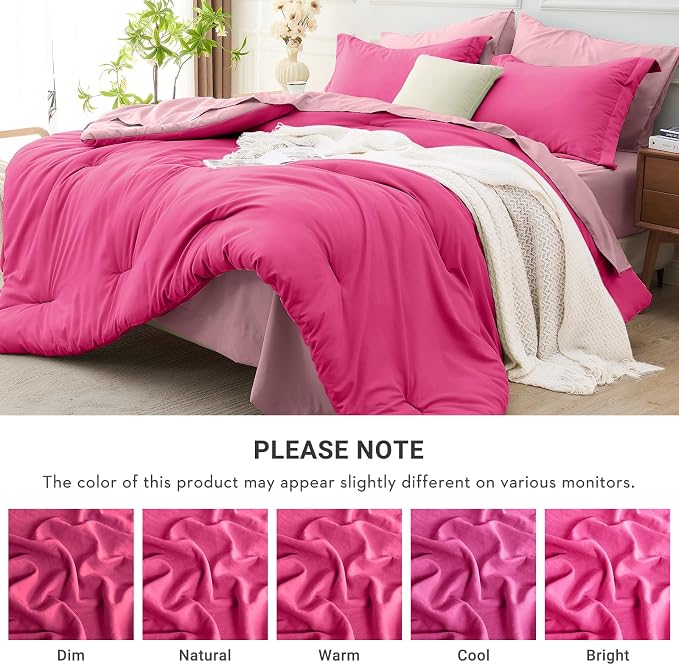 7 Pieces King Comforter Set, Soft Bed in a Bag King Size, All Season Bedding Set with Comforter, Flat Sheet, Fitted Sheet, Pillowcases & Shams, Hot Pink & Baby Pink