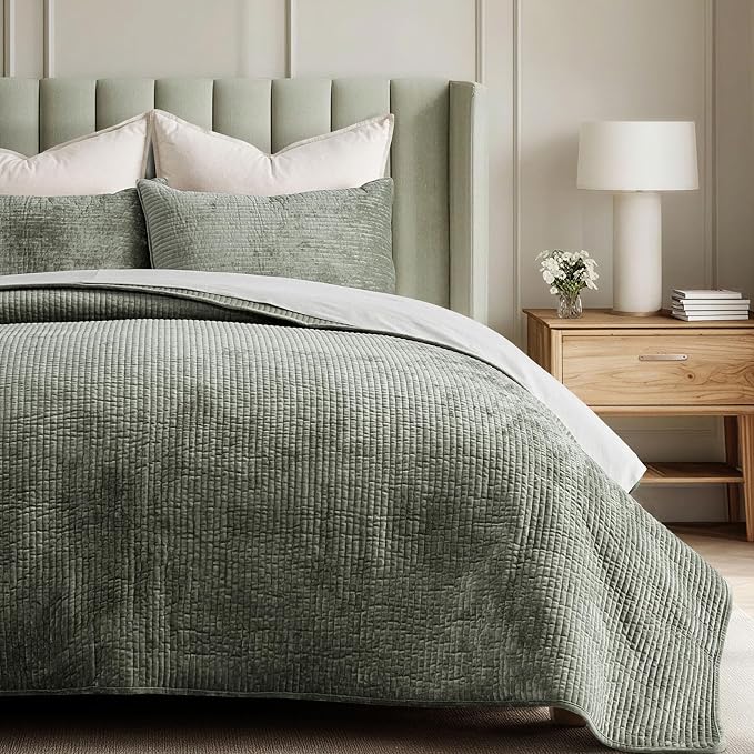EverGrace Striped Channel Velvet Quilt Set, King Size, Dried Thyme Green | Luxurious Soft Lightweight Velvet Comforter, Oversized Bedspread Coverlet, Quilted Bedding Set for All Season, with 2 Shams