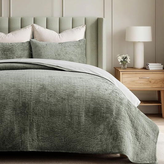 EverGrace Striped Channel Velvet Quilt Set, Queen Size, Dried Thyme Green | Luxurious Soft Lightweight Velvet Comforter, Oversized Bedspread Coverlet, Quilted Bedding Set for All Season, with 2 Shams