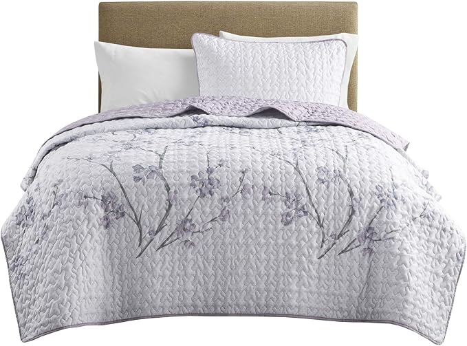 Comfort Spaces Bedspread Coverlet Set, Twin/Twin XL, 2 Piece, Grey/Purple | All Season, Microfiber, Classic Layered Look for Any Bed, Floral Pattern, Reversible, Lightweight, OEKO-TEX Certified