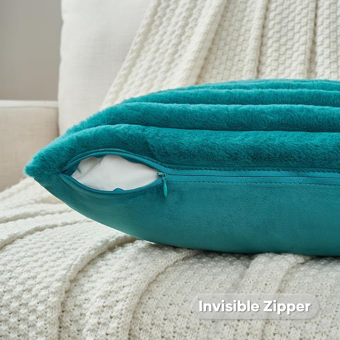 FUTEI Pack of 2 Faux Fur Throw Pillow Covers 24x24 Inch, Teal | Fluffy Faux Rabbit Fur Front/Premium Velvet Back,Hidden Zipper,Machine Washable,Non-Shedding,Colorfast,Insert Not Included.